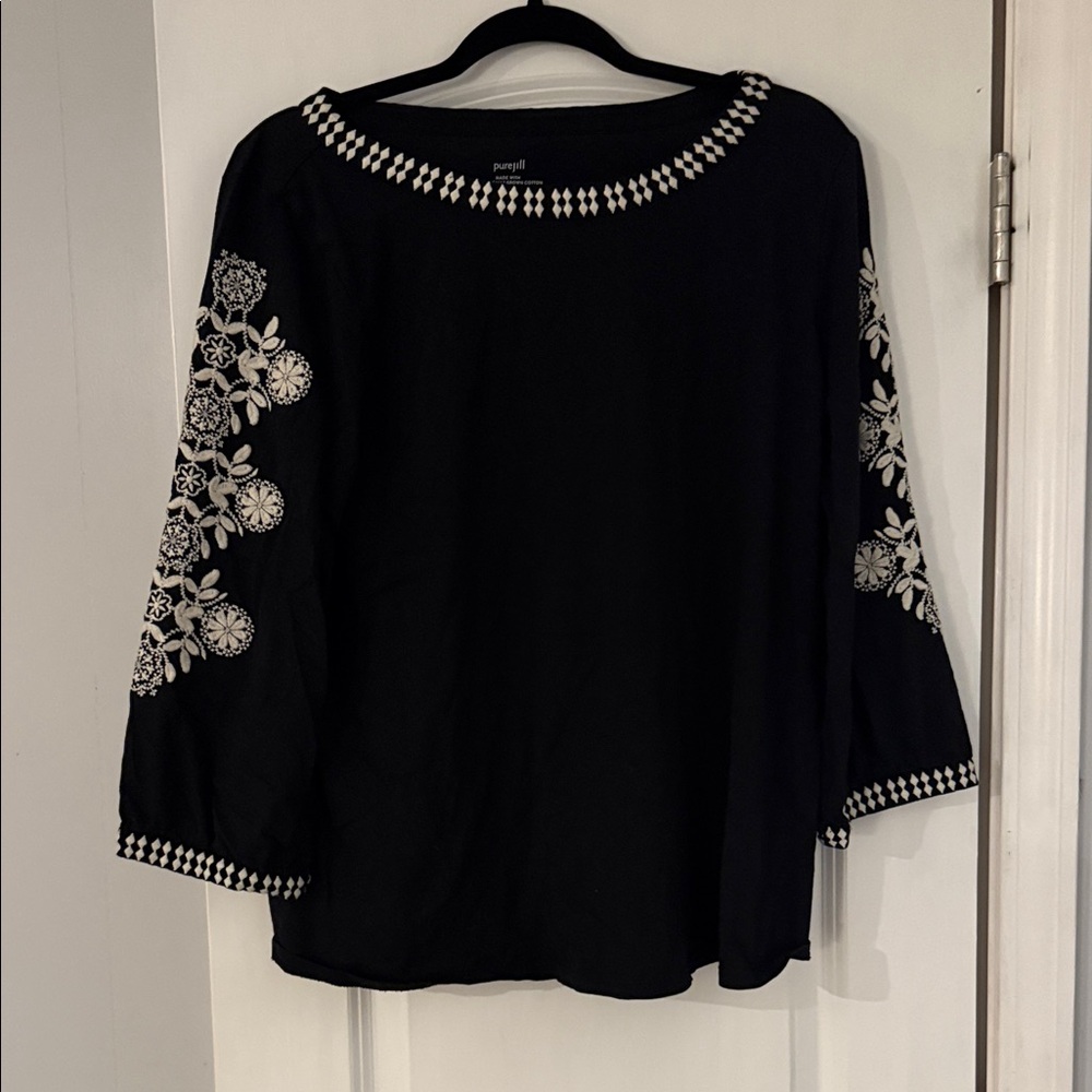 J. Jill Black Blouse with White Floral Embroidery